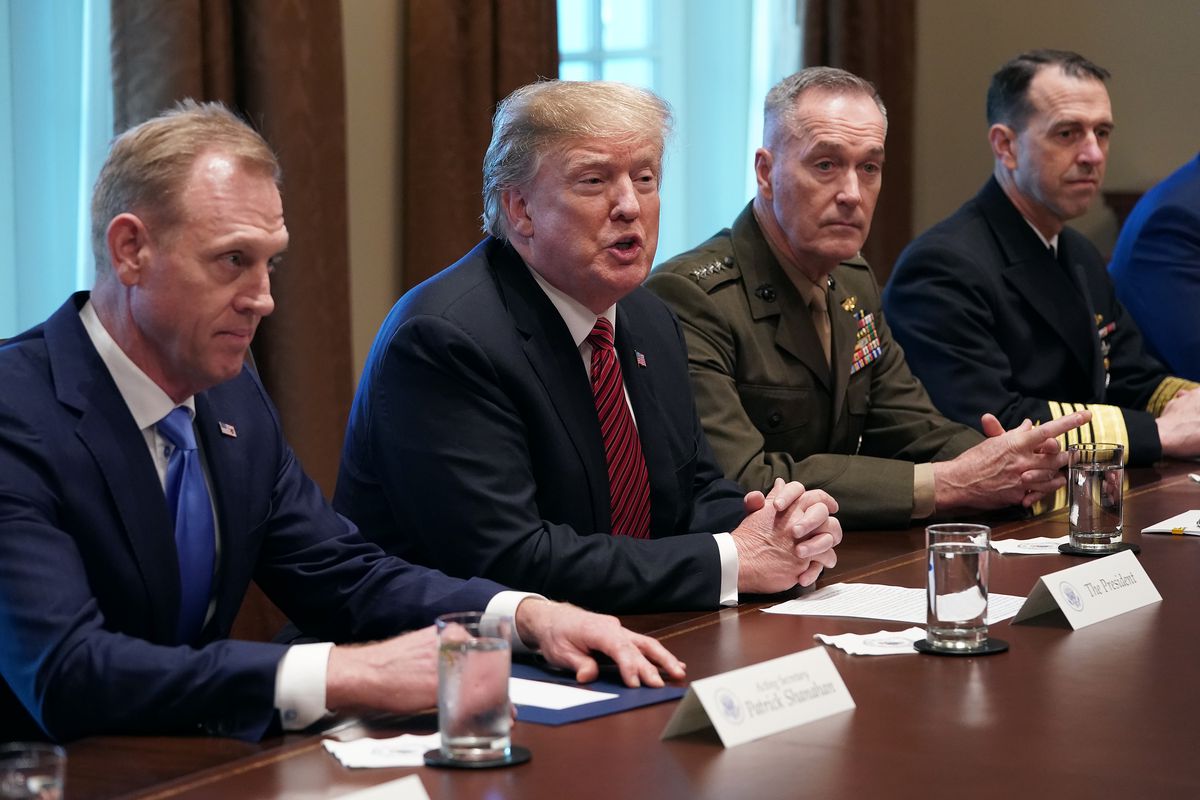 U.S. President Donald Trump (2nd L) talks to reporters during a briefing with military leaders, including (Left to right) acting Defense Secretary Patrick Shanahan, Chairman of the Joint Chiefs Gen. Joseph Dunford, and Chief of Naval Operations Admiral Jo