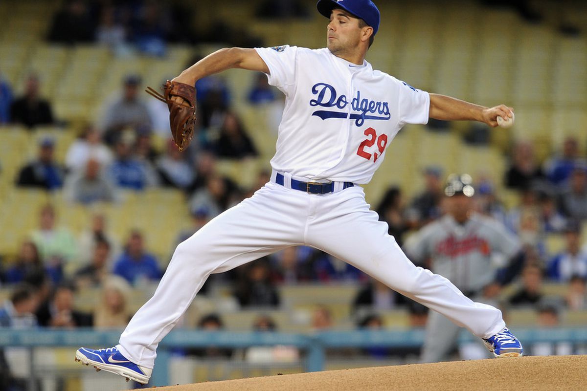April 25, 2012; Los Angeles, CA, USA;     Los Angeles Dodgers starting pitcher Ted Lilly (29) during the game against the Atlanta Braves at Dodger Stadium. Mandatory Credit: Jayne Kamin-Oncea-US PRESSWIRE