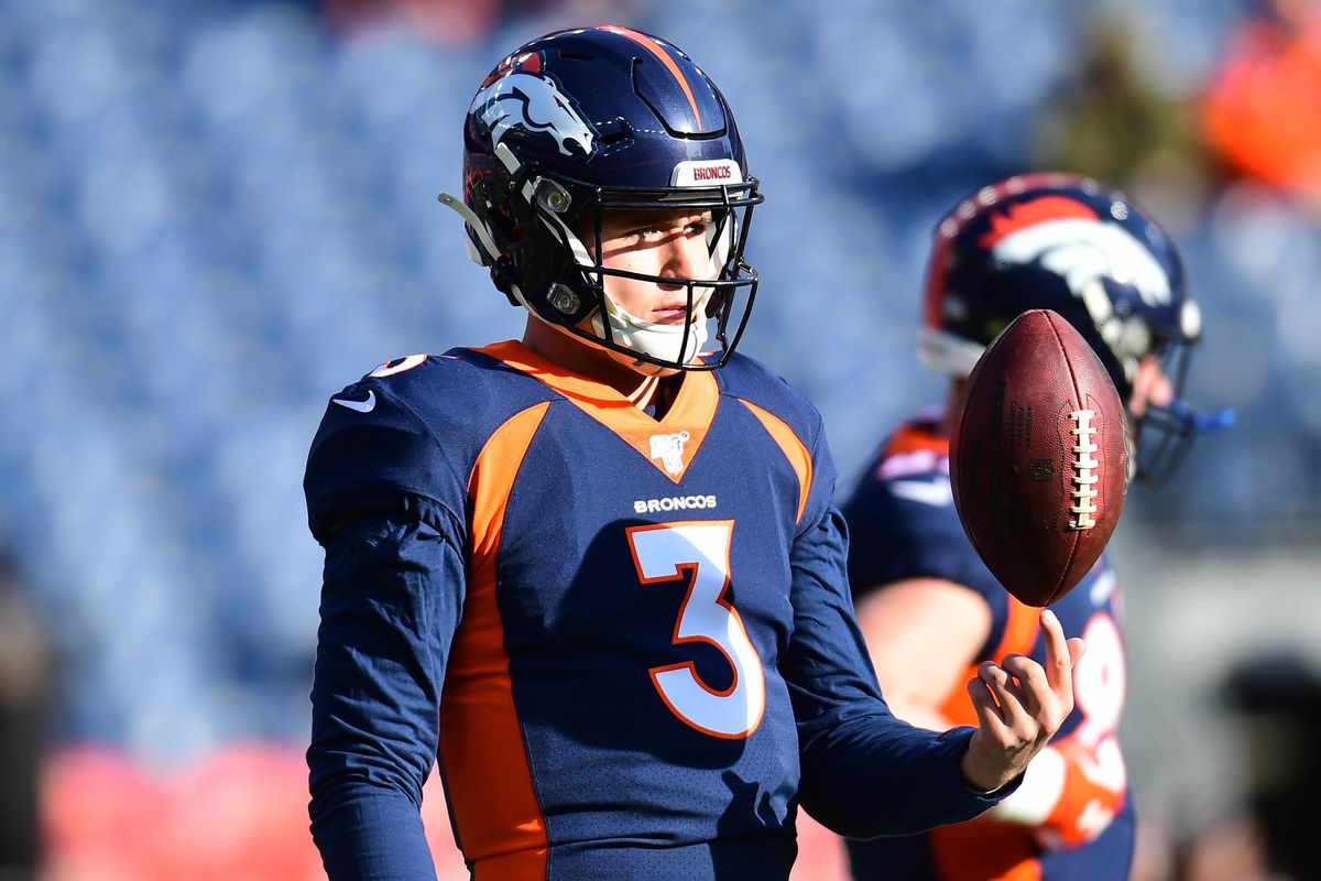Denver Broncos quarterback Drew Lock before the game against the Los Angeles Chargers at Empower Field at Mile High.