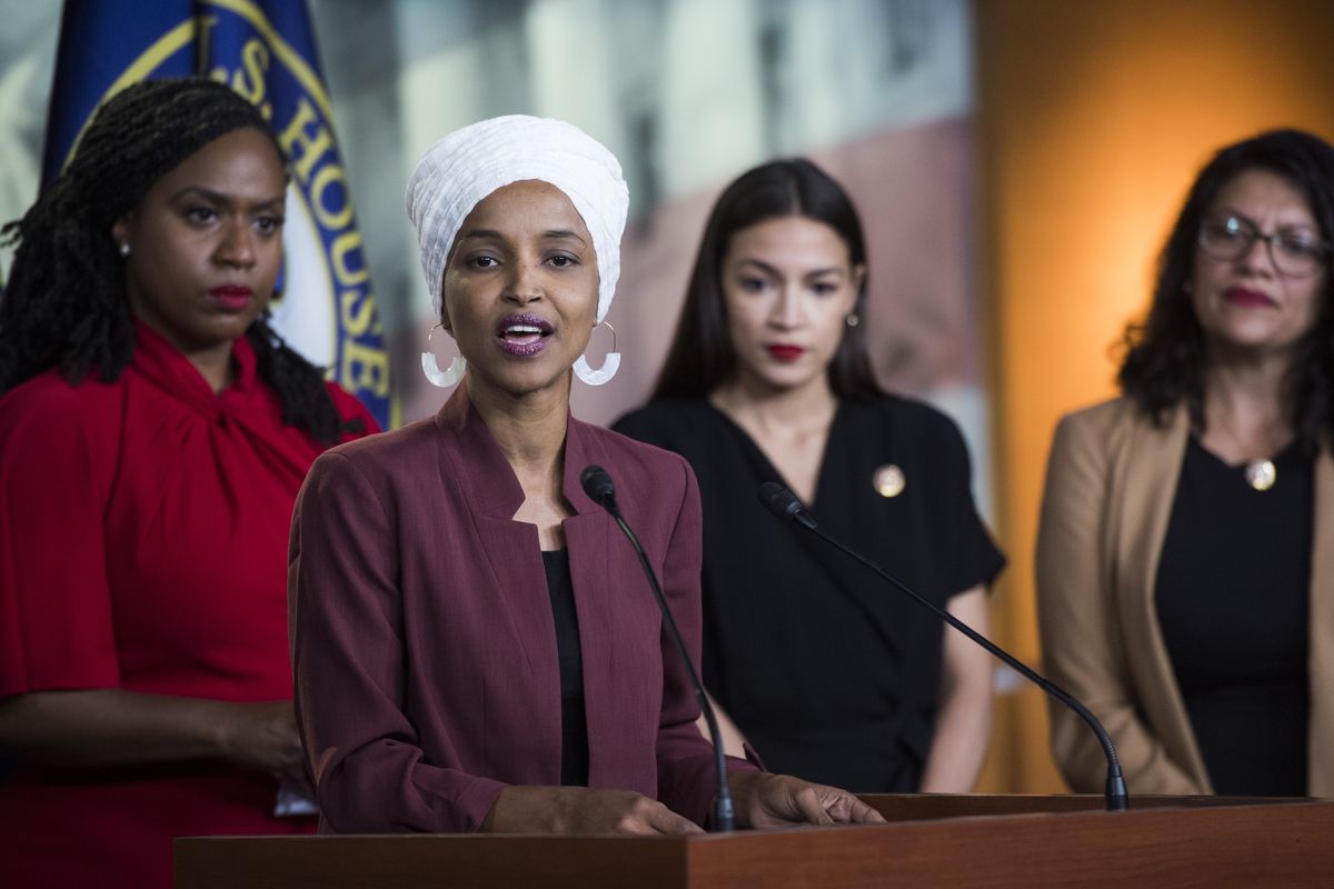 Reps. Ayanna Pressley, Ilhan Omar, Alexandria Ocasio-Cortez, and Rashida Tlaib speak with reporters during a press conference on July 15, 2019.