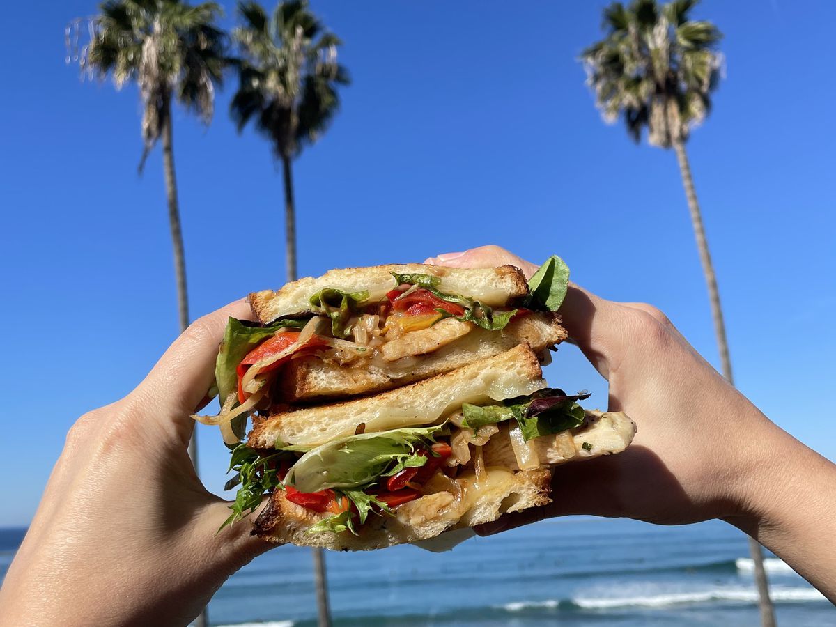 Hands hold up a sandwich in front of some palm trees.