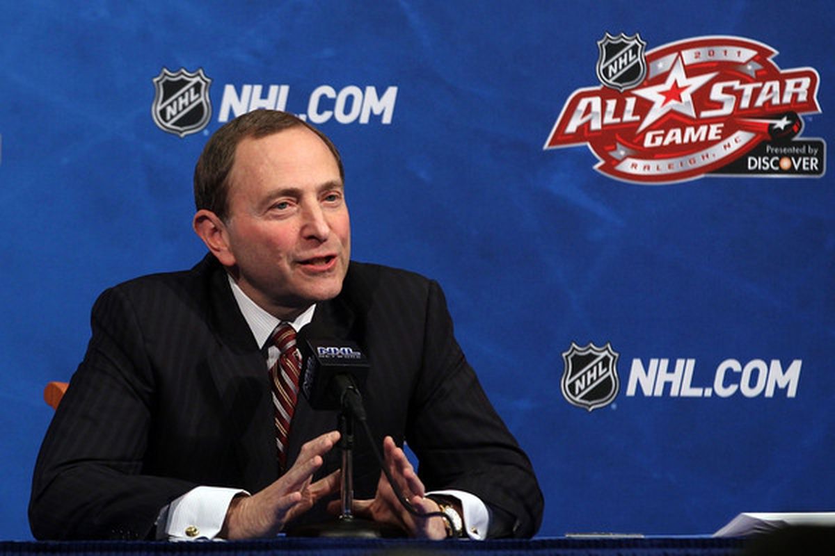 RALEIGH NC - JANUARY 29:  NHL Commissioner Gary Bettman speaks at a press conference during the 2011 NHL All-Star Weekend at the RBC Center on January 29 2011 in Raleigh North Carolina.  (Photo by Bruce Bennett/Getty Images)