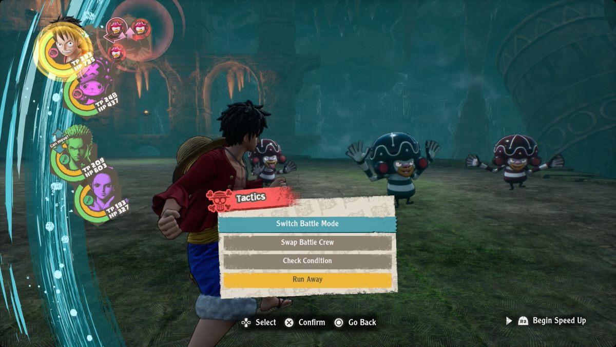 A mid-fight One Piece Odyssey screenshot showing the Tactics menu
