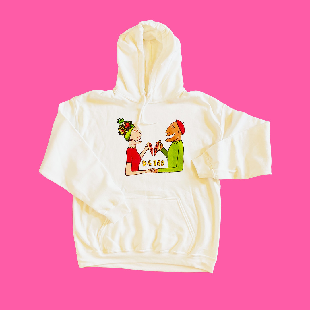 A cartoon male and female couple eat pizza together on the front of a white hoody