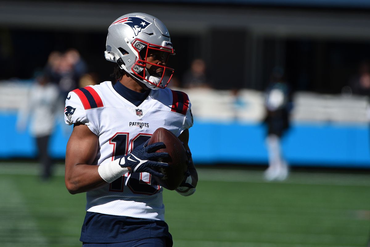 Jakobi Meyers #16 of the New England Patriots warms up prior to their game against the Carolina Panthers at Bank of America Stadium on November 7, 2021 in Charlotte, North Carolina.