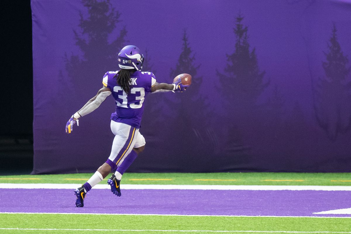 Minnesota Vikings running back Dalvin Cook (33) celebrates his touchdown in the fourth quarter against the Detroit Lions at U.S. Bank Stadium.&nbsp;