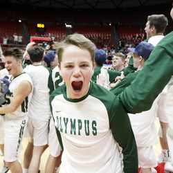 Olympus celebrates winning the 4A boys' basketball championship game against Timpview at the Huntsman Center in Salt Lake City, Saturday, March 5, 2016.