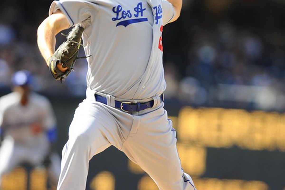 April 5, 2012; San Diego, CA, USA;  Los Angeles Dodgers starting pitcher Clayton Kershaw (22) throws during the first inning against the San Diego Padres during opening day at Petco Park.  Mandatory Credit: Christopher Hanewinckel-US PRESSWIRE