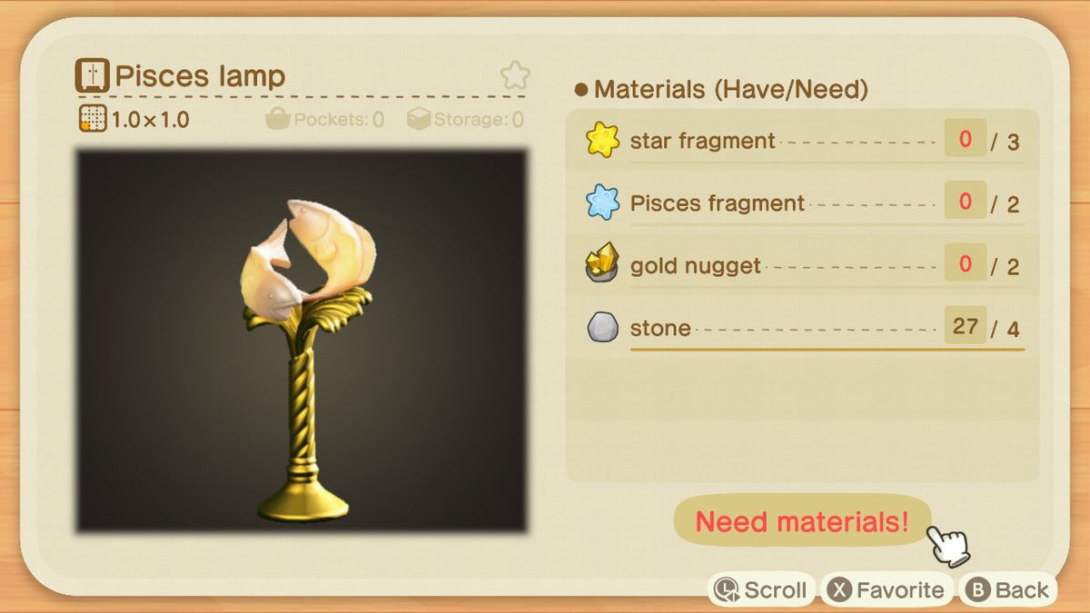 An Animal Crossing recipe for a Pisces Lamp