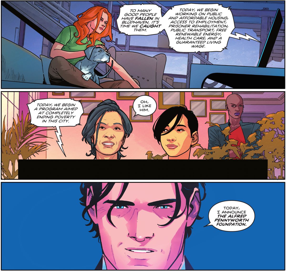 “Today, we begin a program aimed at completely ending poverty in this city,” says Dick Grayson on a live television broadcast, “Today, I announce the Alfred Pennyworth Foundation,” in Nightwing #83 (2021). 