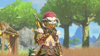 Link vises i en tænkende holdning, mens du bærer den barbariske rustning i Zelda: Tårer af kongeriget
