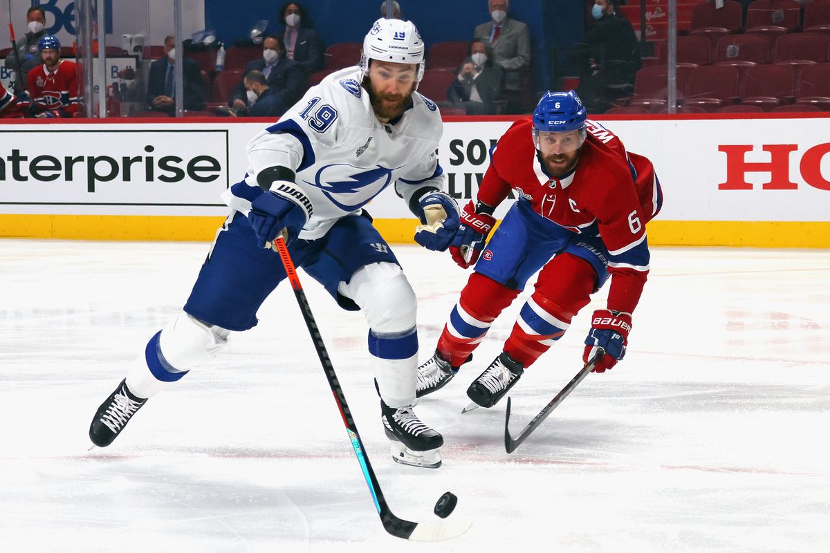 Barclay Goodrow #19 of the Tampa Bay Lightning skates against the Montreal Canadiens during Game 4 of the 2021 NHL Stanley Cup Final at the Bell Centre on July 05, 2021 in Montreal, Quebec, Canada.