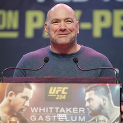 Dana White talks to the crowd at UFC 234 press conference.