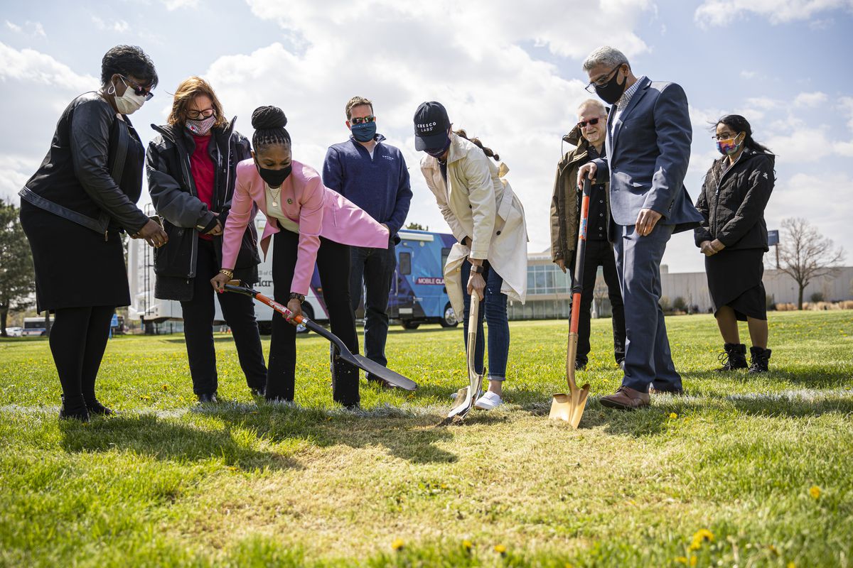 Faculty and local leaders break ground on Thursday, April 22, 2021 on the new location of the future hemp greenhouse at Olive-Harvey College for its cannabis education program.