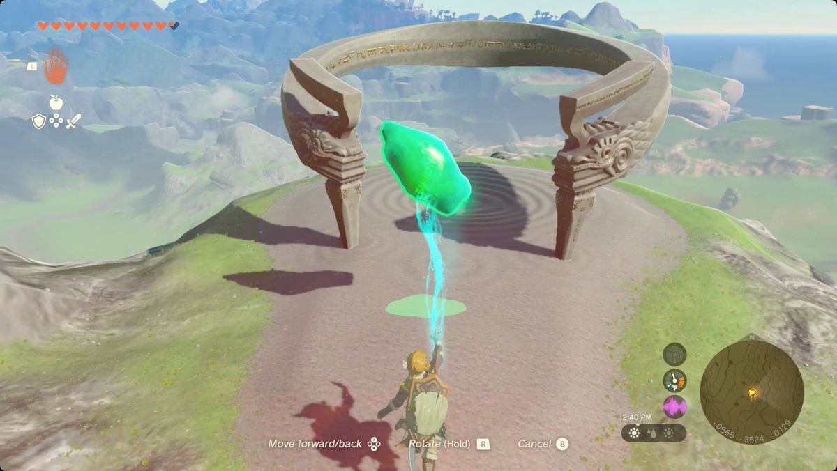 Link uses Ultrahand to carry a crystal to Ishokin Shrine in The Legend of Zelda: Tears of the Kingdom
