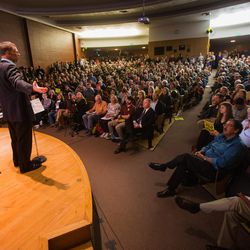 Southern Utah Wilderness Alliance Executive Director Scott Groene speaks to the hundreds of Utahns gathered at the University of Utah to voice their opinions of the proposed Public Lands Initiative Wednesday, March 2, 2016. 