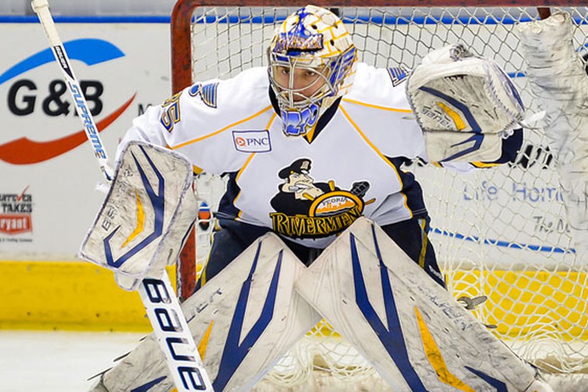 Paulie, we hardly knew ye... the Blues have sent Paul Karpowich back down to Evansville after two weeks of opening the door for Mike McKenna in Peoria.  Photo courtesy of Peoria Rivermen (www.rivermen,net).