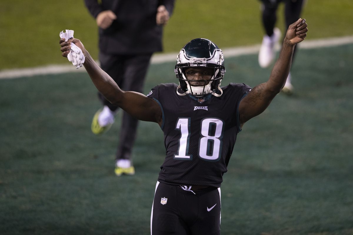 Jalen Reagor #18 of the Philadelphia Eagles reacts after the game against the New Orleans Saints at Lincoln Financial Field on December 13, 2020 in Philadelphia, Pennsylvania.