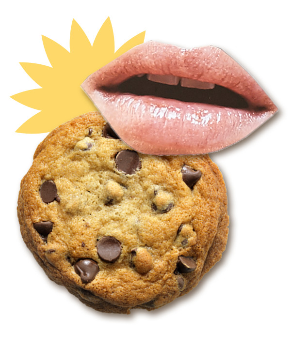 Photo collage of a mouth and a cookie.