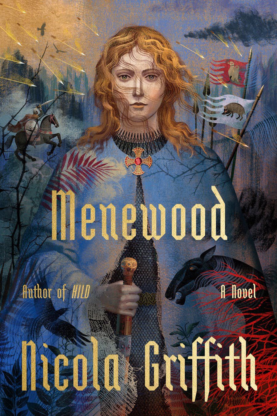Cover art of Nicola Griffith’s Menewood, a beautifully painted image featuring a woman holding a sword and wearing a knight’s outfit as war rages on around her.