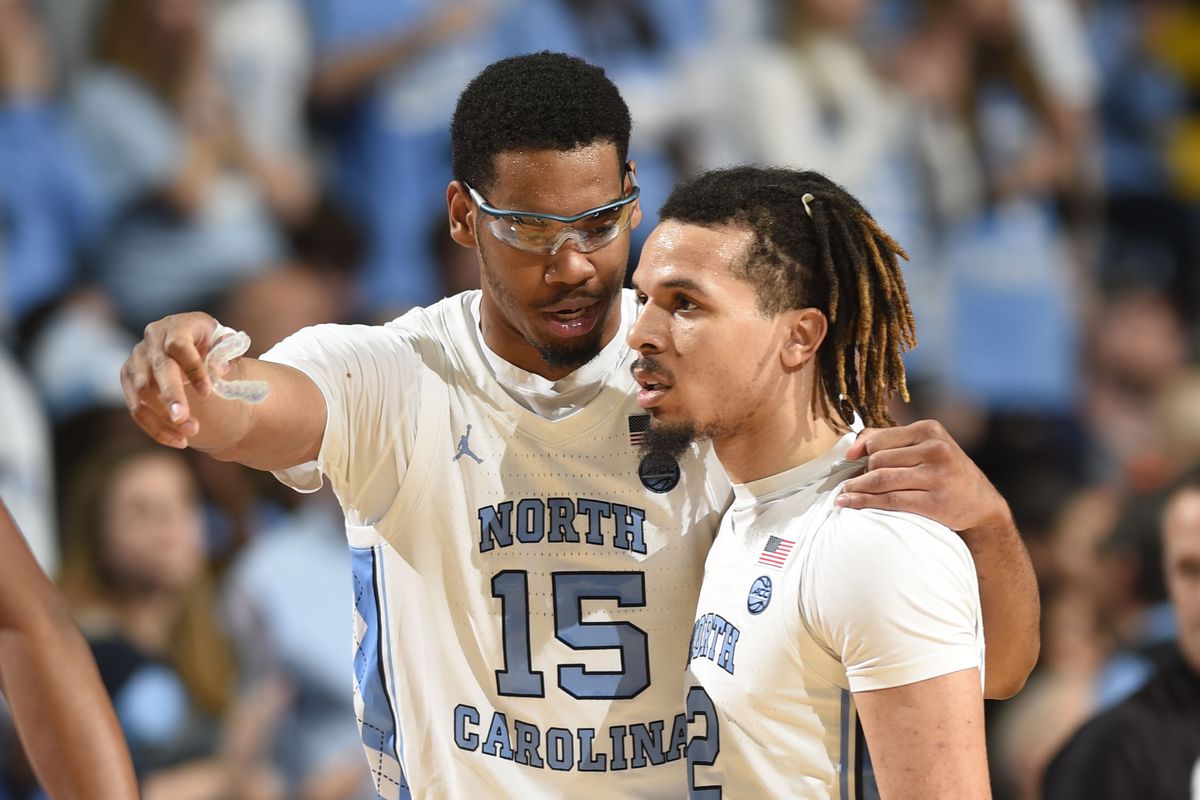 North Carolina Tar Heels forward Garrison Brooks with guard Cole Anthony on the floor in the second half at Dean E. Smith Center.&nbsp;