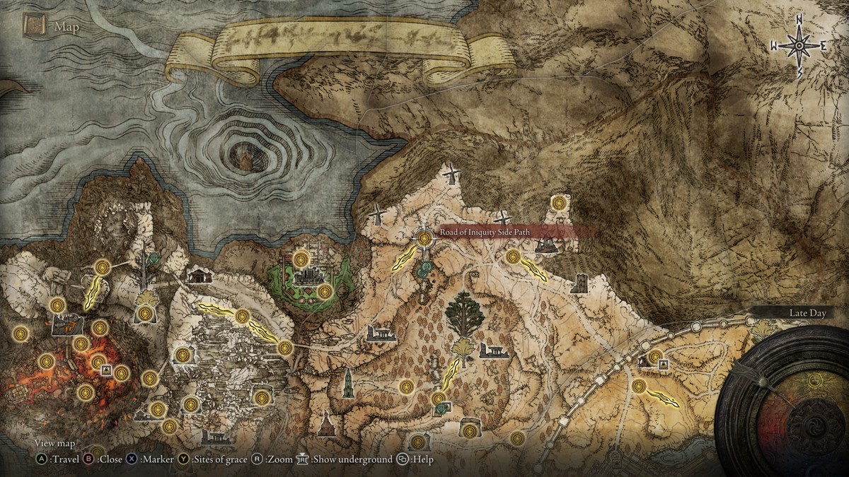 A map of the Elden Ring showing the location of The Road of Iniquity Side Path Sanctuary.  There is a gold mask nearby.