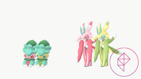 Shiny Fomantis and Lurantis in Pokémon Go. Fomantis turns from green and pink to green and yellow. Lurantis turns from pink and green to yellow and green.