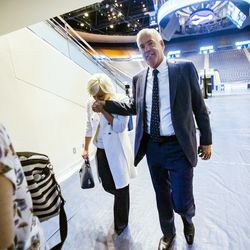 BYU head men's basketball coach Dave Rose and his wife Cheryl and their family exit after he announced his retirement at a news conference inside the Marriott Center at Brigham Young University on Tuesday, March 26, 2019.