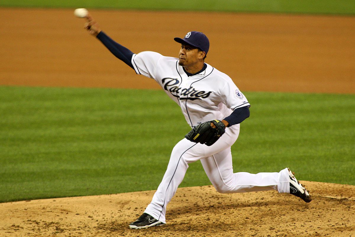 Apr 30, 2012; San Diego, CA, USA; San Diego Padres relief pitcher Ernesto Frieri (39) pitches against the Milwaukee Brewers during the seventh inning at PETCO Park.  Mandatory Credit: Jake Roth-US PRESSWIRE