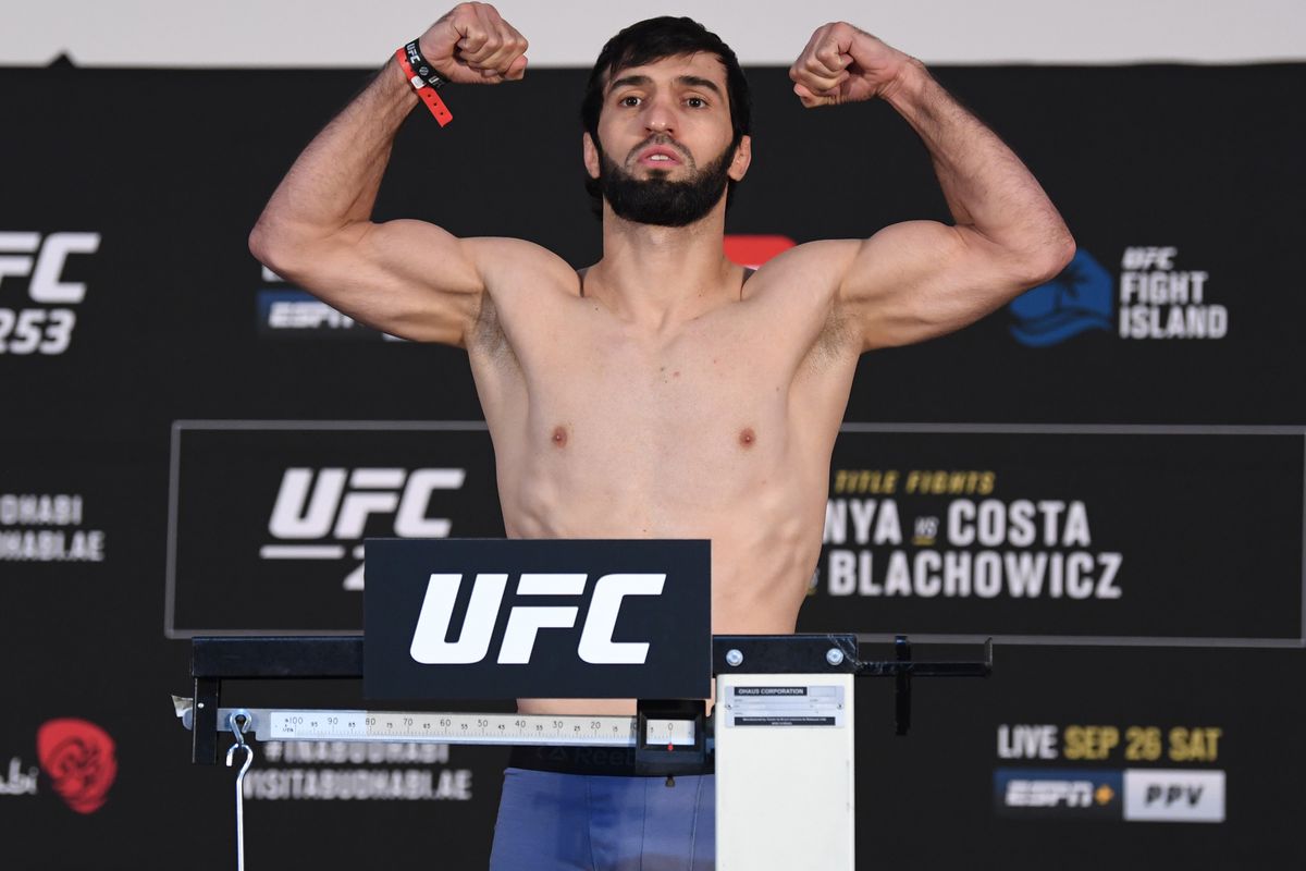 Zubaira Tukhugov of Russia poses on the scale during the UFC 253 weigh-in on September 25, 2020 at Flash Forum on UFC Fight Island, Abu Dhabi, United Arab Emirates