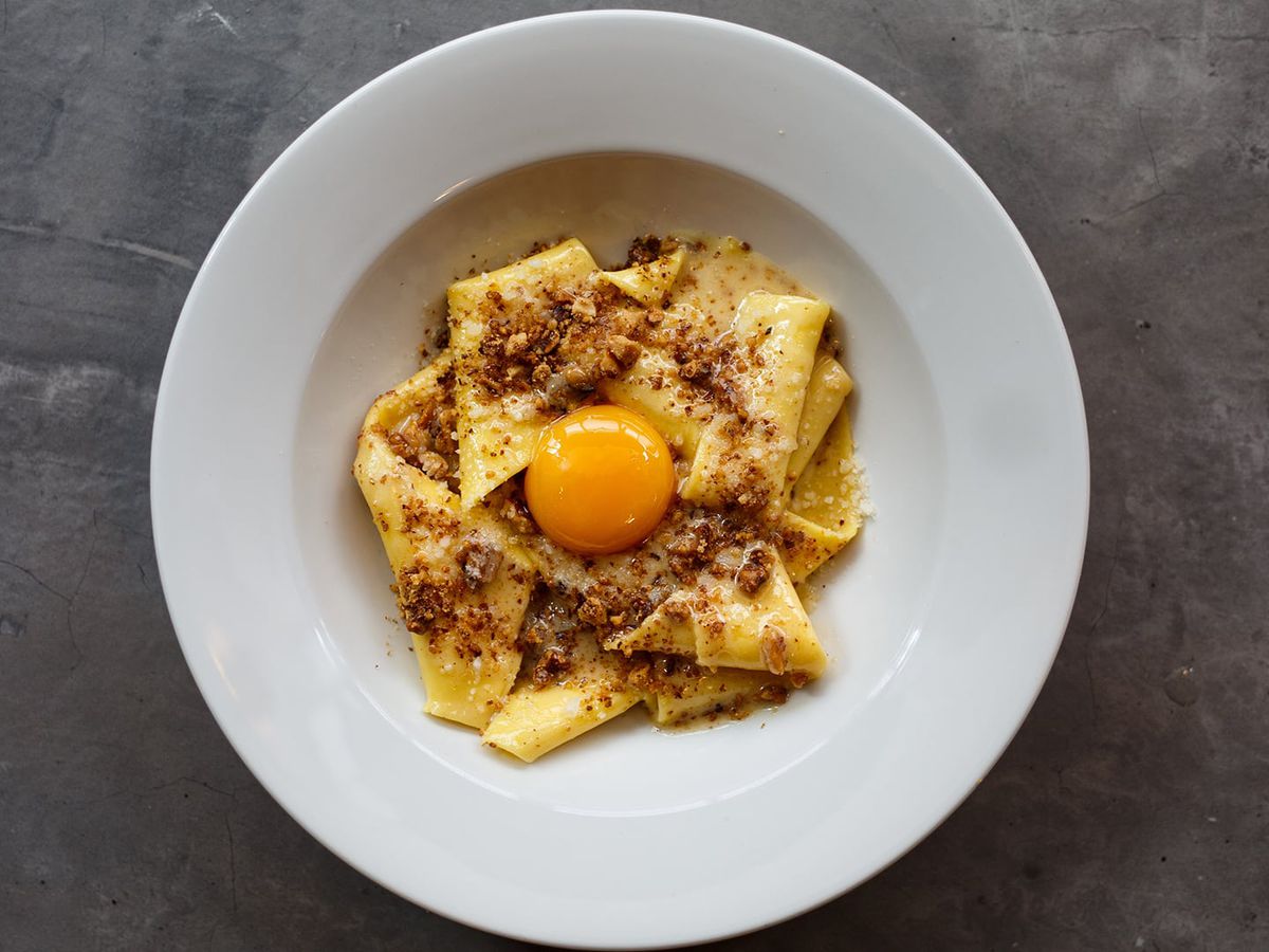 Pappardelle with egg yolk and nuts at Bancone in Covent Garden, one of the best pasta restaurants in London