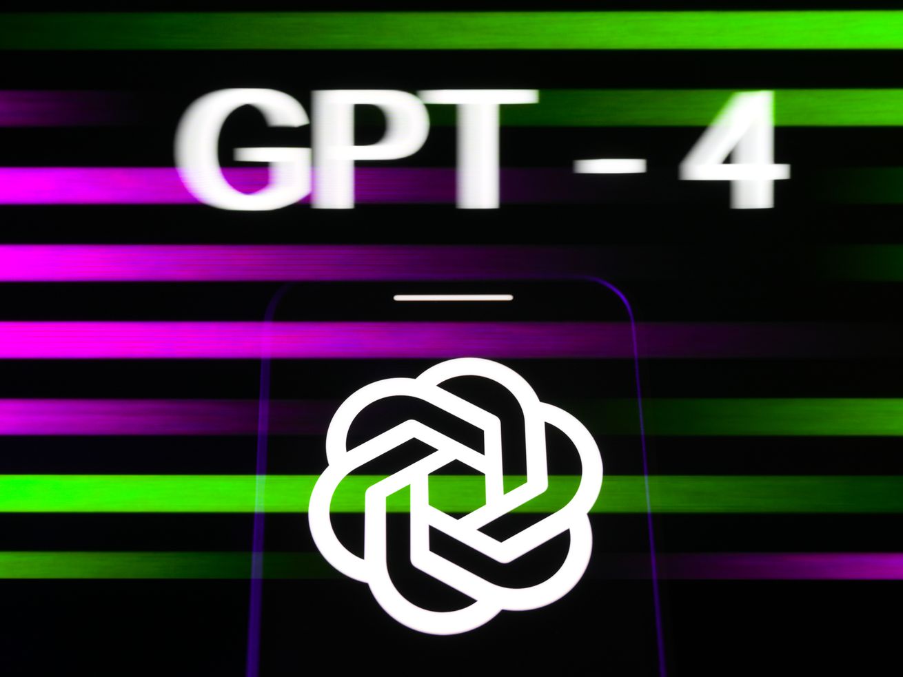 A graphic with horizontal purple and green lines, over which “GPT-4” and a flower shape are imposed.