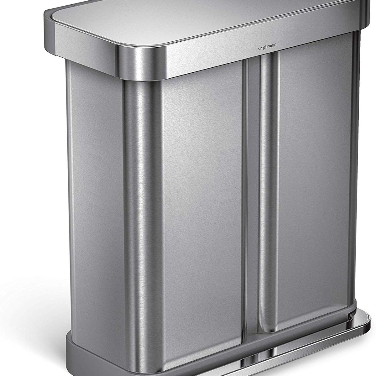 A silver double-wide trashcan. 