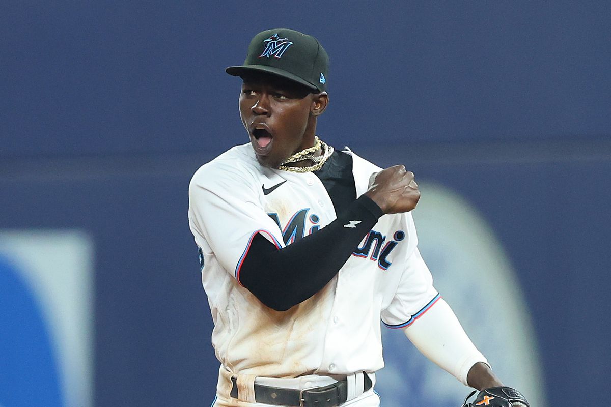 Jazz Chisholm Jr. #2 of the Miami Marlins celebrates a double play against the Philadelphia Phillies during the ninth inning at loanDepot park