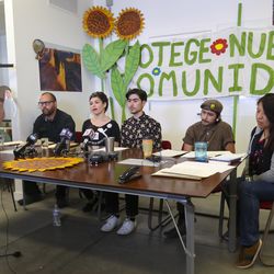 Dave Newlin, left, and Deb Blake, organizers for Utah Against Police Brutality, Anthony Anco, a local community activist, and Carlos Martinez, with the Brown Berets, answer questions about a protest over the inland port that turned violent earlier this week during a press conference Sierra Club offices in Salt Lake City on on Thursday, July 11, 2019.