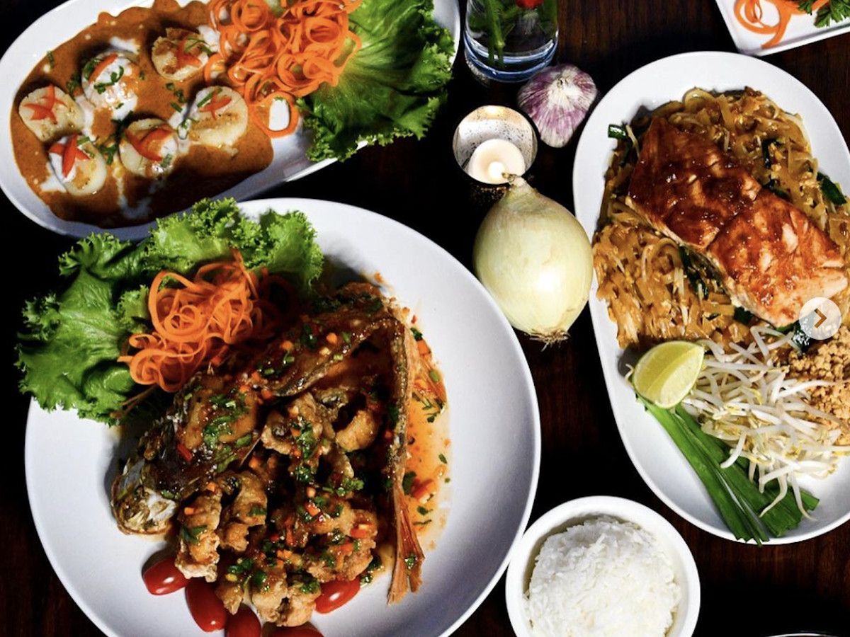 A spread of traditional Thai dishes. 