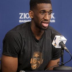 Utah Jazz center Ekpe Udoh talks to members of the media at Zions Bank Basketball Center in Salt Lake City on Thursday, April 25, 2019. Utah's season ended with Wednesday's loss to Houston in the first round of the NBA playoffs.