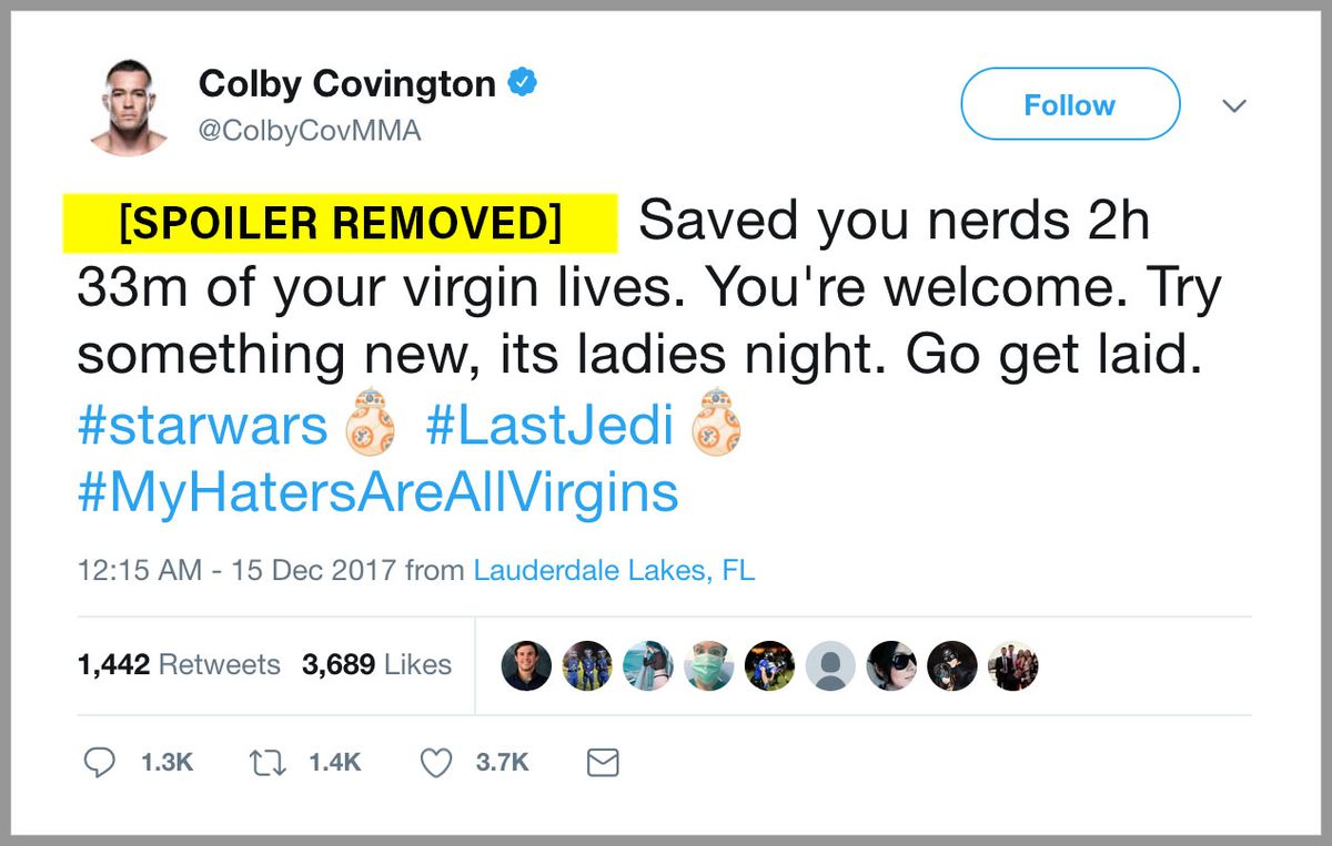 Screenshot of a tweet from Colby Covington telling “nerds” to “get laid” instead of watching ‘Star Wars’
