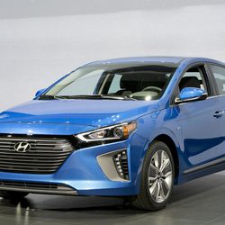 The 2017 Hyundai Ioniq hybrid vehicle is shown at the New York International Auto Show, Wednesday, March 23, 2016. 