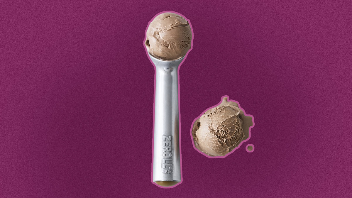 An ice cream scoop with a scoop of chocolate ice cream