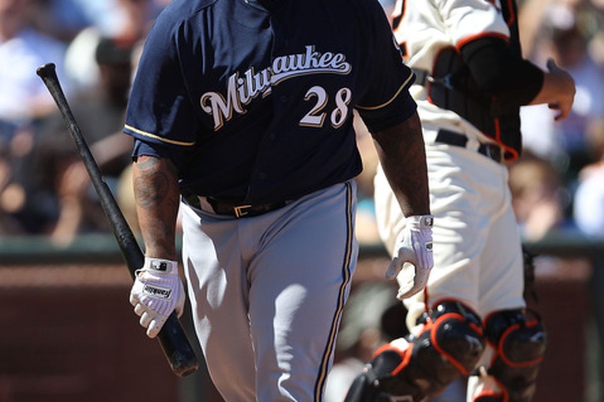 SAN FRANCISCO, CA - JULY 24:  Prince Fielder #28 of the Milwaukee Brewers strikes out in the ninth inning against the San Francisco Giants at AT&T Park on July 24, 2011 in San Francisco, California.  (Photo by Jed Jacobsohn/Getty Images)
