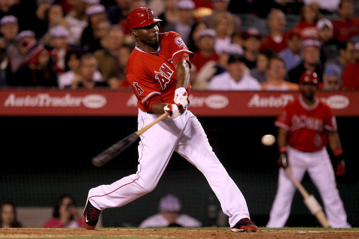 ANAHEIM, CA - JUNE 7:  Torii Hunter #48 of the Los Angeles Angels of Anaheim hits an RBI single in the sixth inning against the Tampa Bay Rays on June 7, 2011 at Angel Stadium in Anaheim, California.  (Photo by Stephen Dunn/Getty Images)
