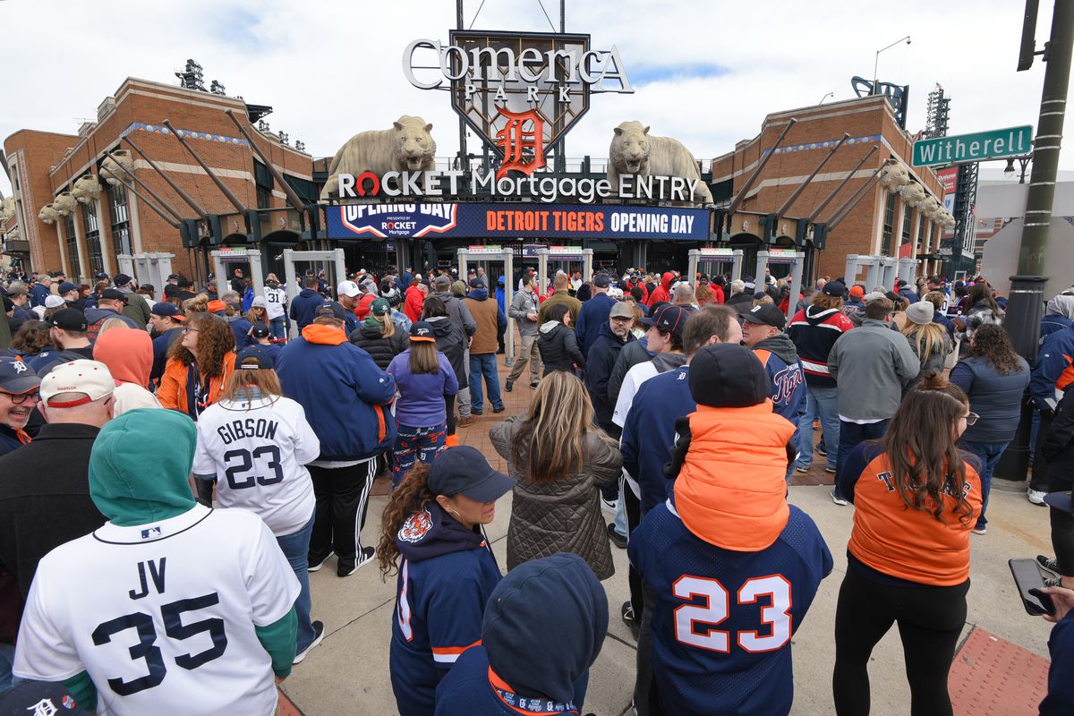 A general exterior view of the Rocket Mortgage entrance to Comerica Park as fans wait outside to enter prior to the Opening Day game between the Detroit Tigers and the Boston Red Sox at Comerica Park on April 6, 2023 in Detroit, Michigan. The Red Sox defeated the Tigers 6-3.