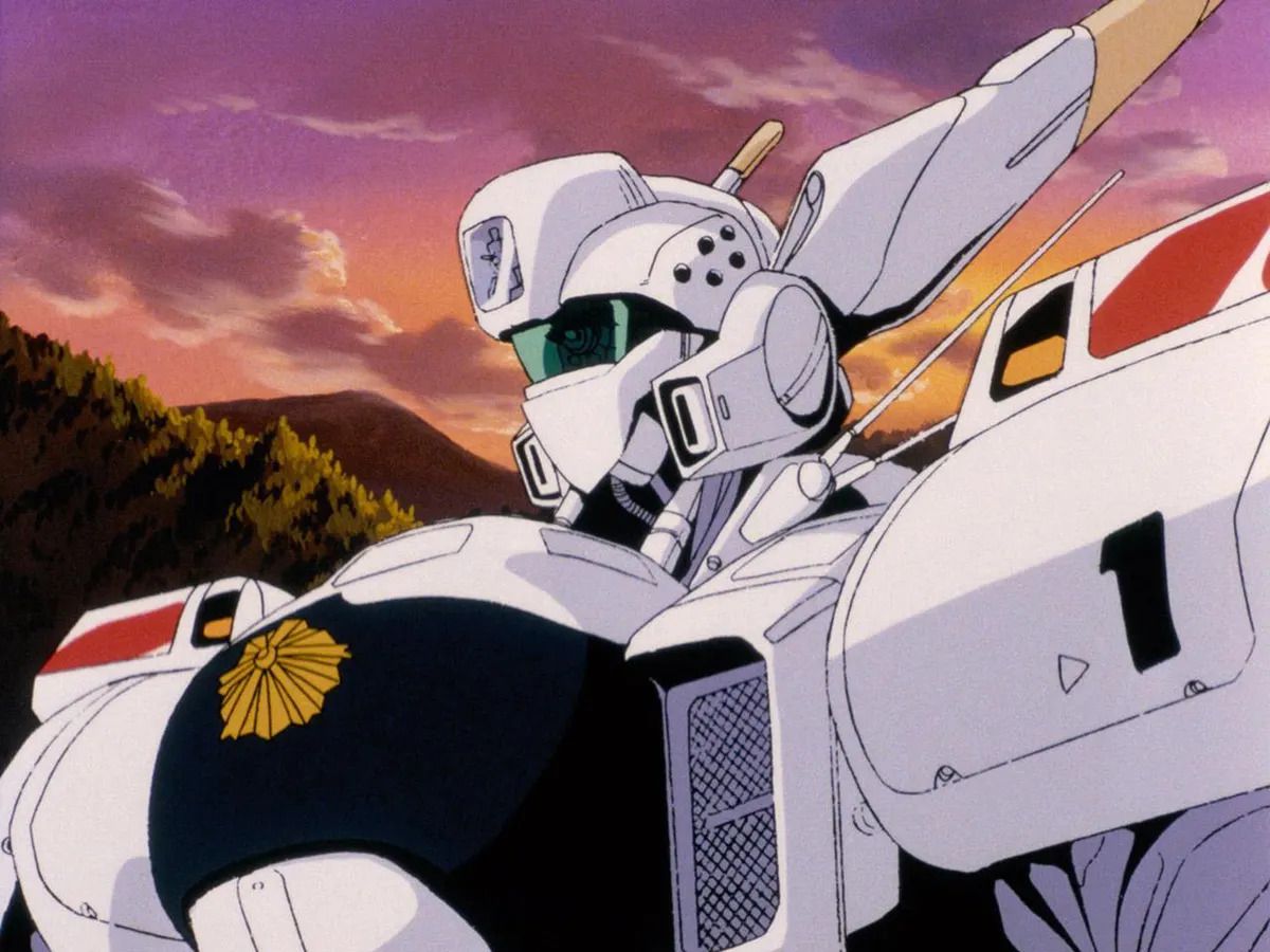 A close up shot of the torso and head of a Police Patlabor robot in Mobile Police Patlabor.