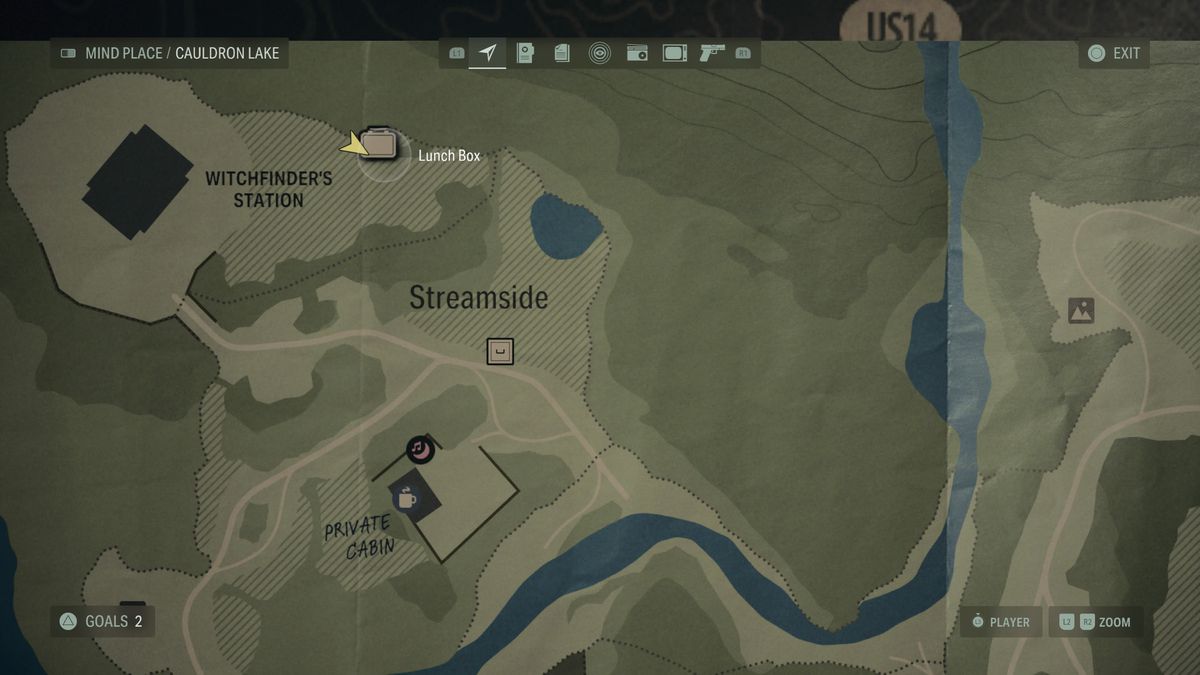 A map of Cauldron Lake showing the location of a Nursery Rhyme in Alan Wake 2