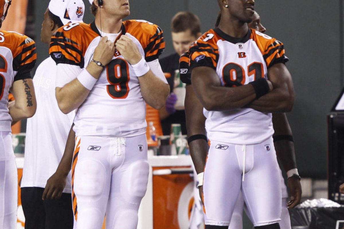 Carson Palmer #9 and Terrell Owens #81 of the Cincinnati Bengals look on against the Denver Broncos during a preseason game