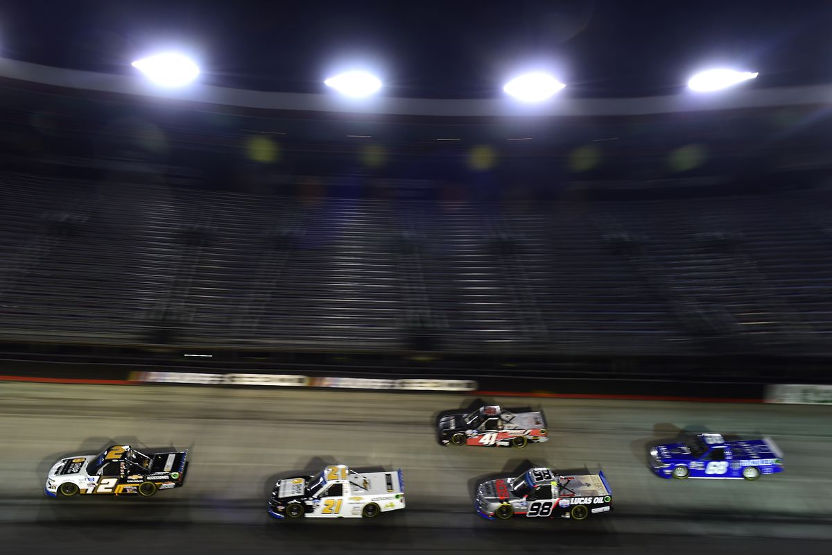 Sheldon Creed, driver of the #2 Chevy Accessories Chevrolet, leads the field during the NASCAR Gander RV &amp; Outdoors Truck Series UNOH 200 presented by Ohio Logistics at Bristol Motor Speedway on September 17, 2020 in Bristol, Tennessee.