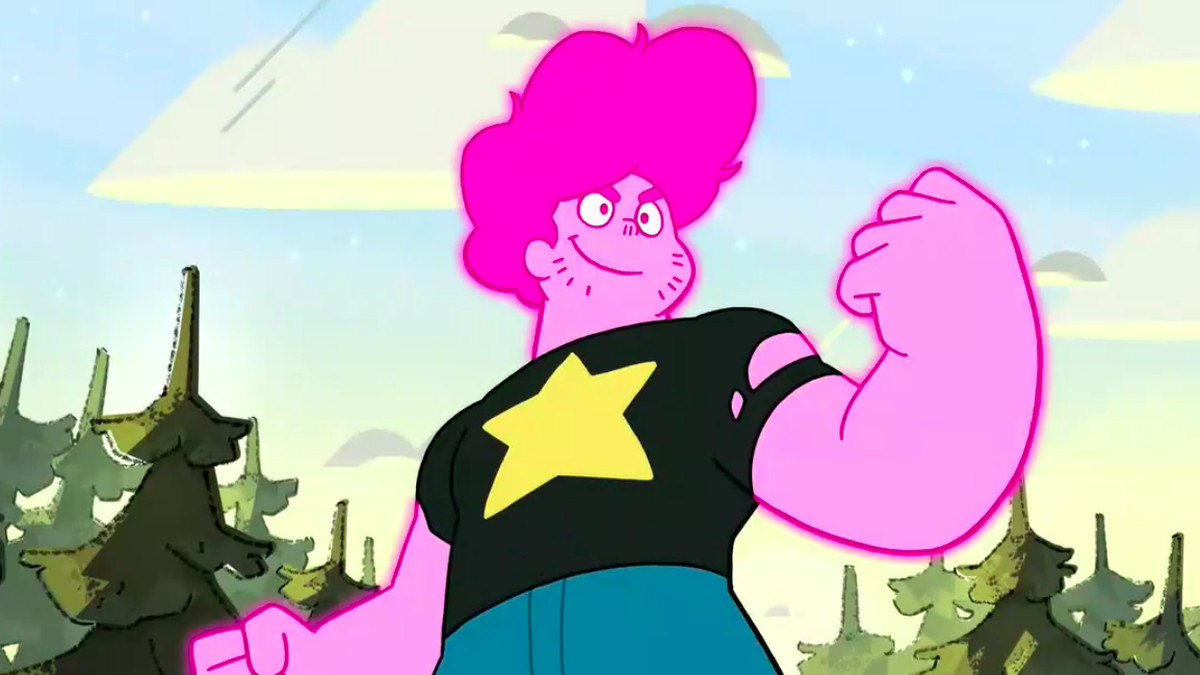 An older, bigger, stronger version of Steven Universe glows pink while standing in a triumphant pose in Steven Universe Future.