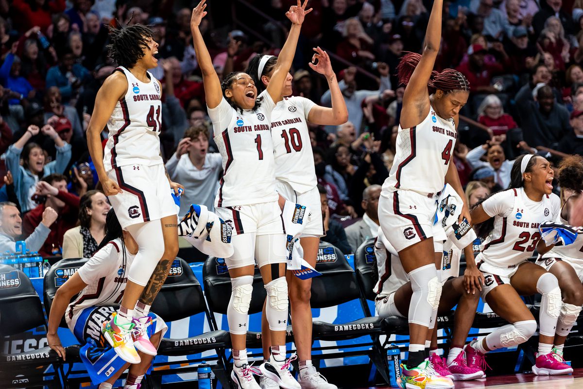 South Carolina Gamecocks guard Zia Cooke (1), guard Kierra Fletcher (41), center Kamilla Cardoso (10) and forward Aliyah Boston (4) celebrate a play against the South Florida Bulls in the second half of South Carolina Gamecocks 76-45 victory at Colonial Life Arena, advancing them to the Sweet 16.