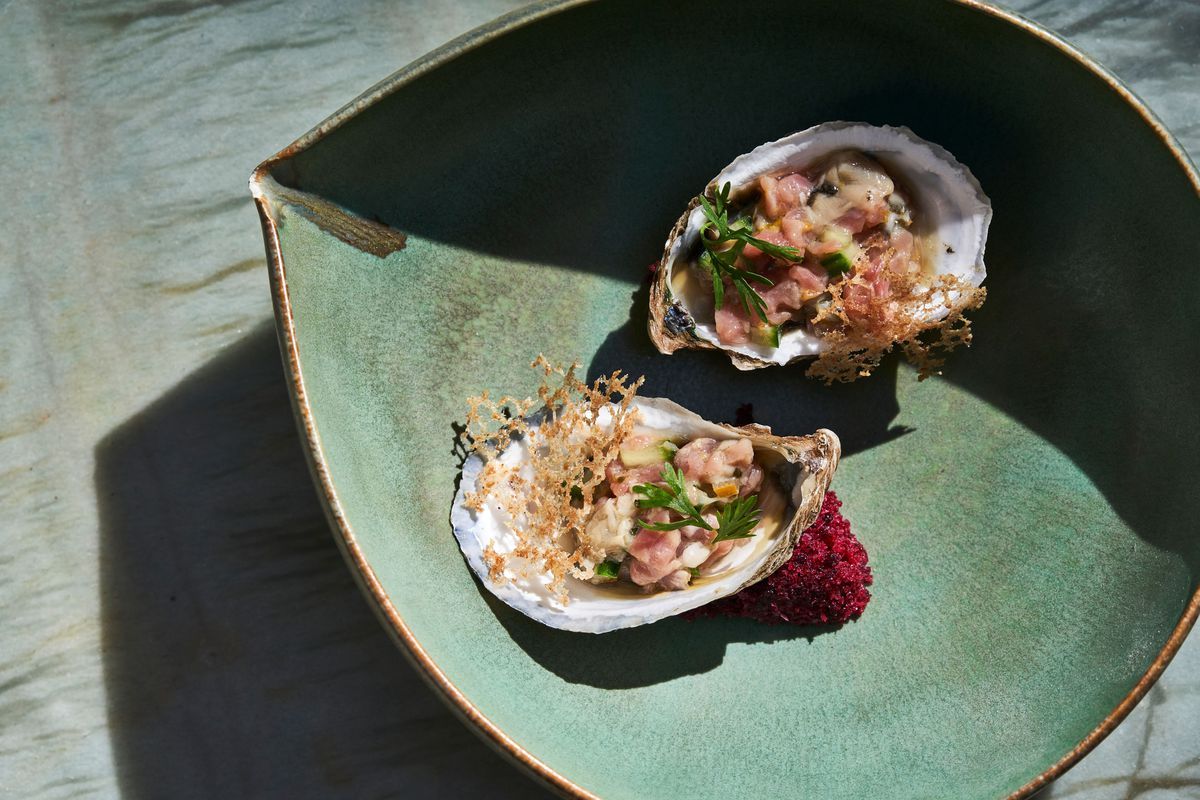 Two oysters filled with tartare on a green, leaf-shaped plant bowl on a marble counter top  at Comodo.